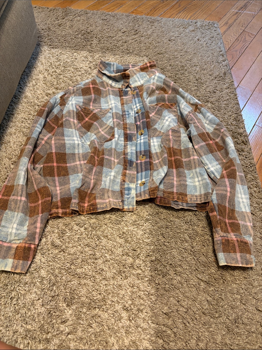 Alter'd State Plaid Cropped Button-Front Jacket - Brown, Pink & Blue